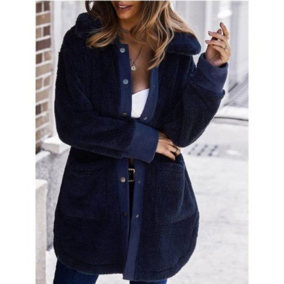 Women's Clau Fuzzy Jackets Faux Fleece Coat Dark Blue - Picture 4 of 5